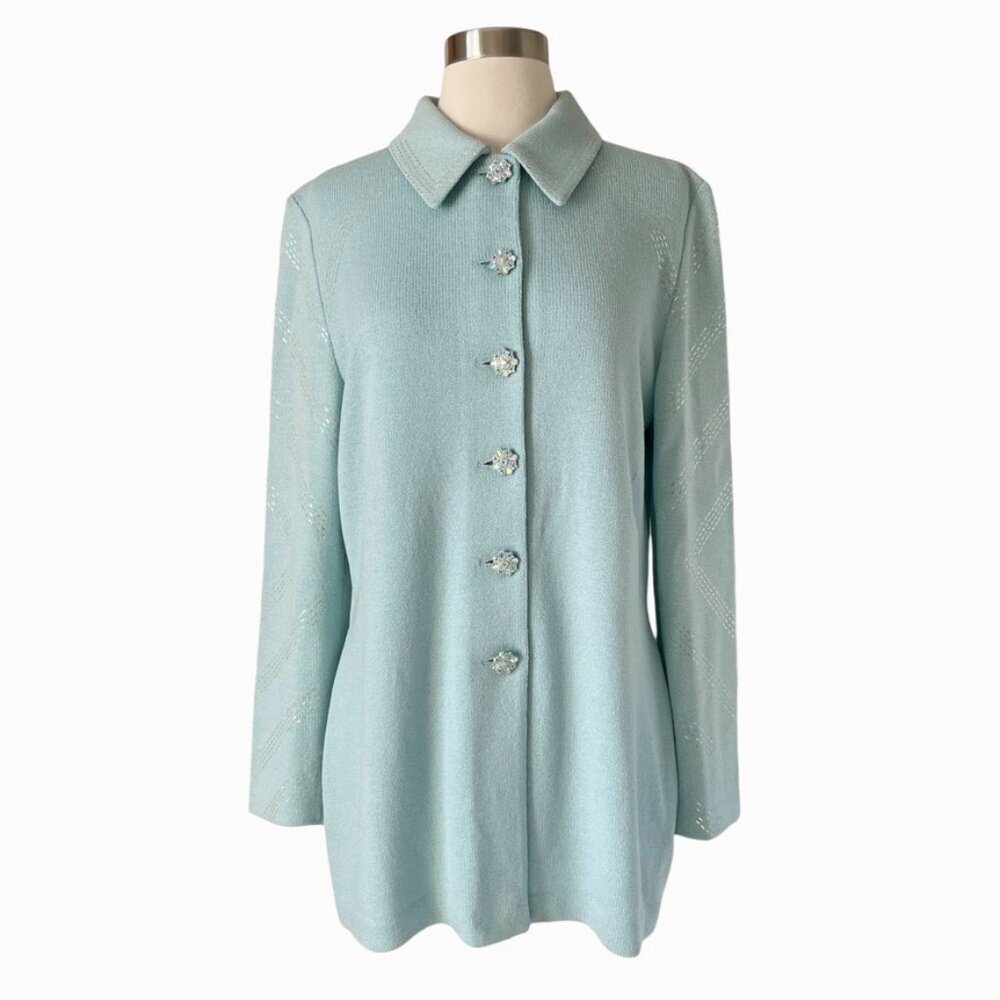 St John Evening Paillette Knit Jacket 8 Soft Blue Embellished Elegant - Picture 2 of 10